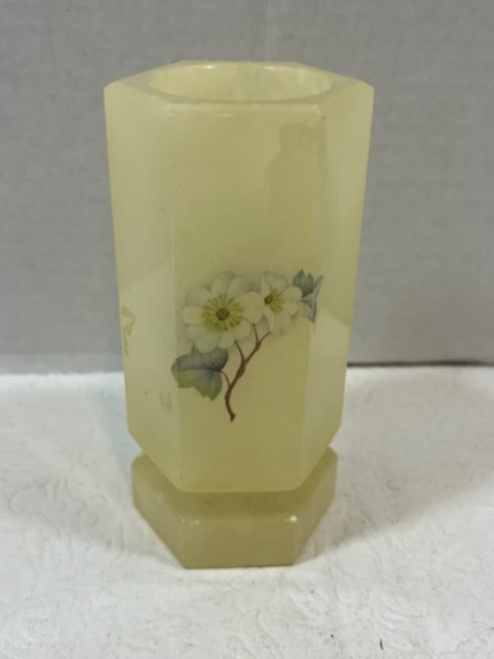 VTG Yellow Polished Stone Hexagonal Floral Mini Vase Candle Holder 2.25"x 4.75"